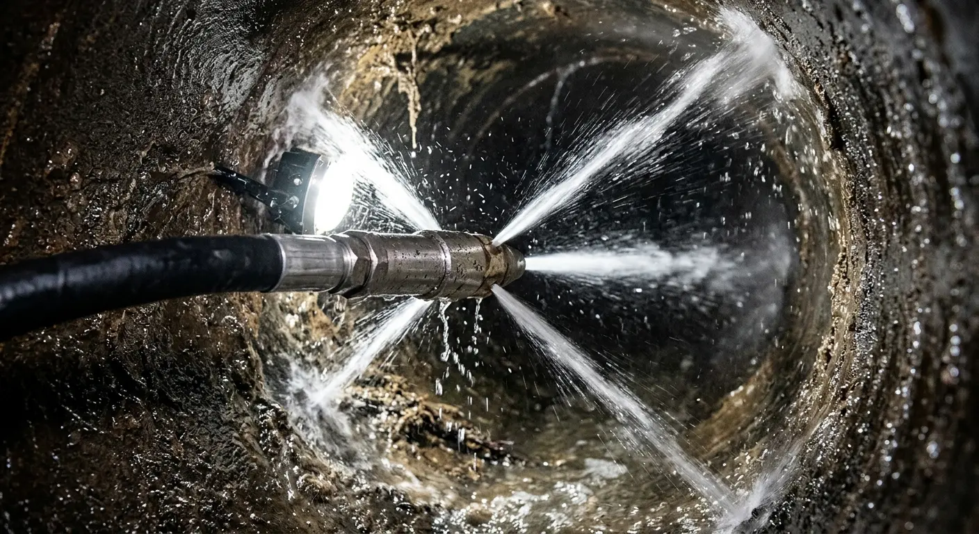 High-pressure hydro jetting nozzle cleaning sewer pipe for Storm Drain Cleaning in Lake Forest Park