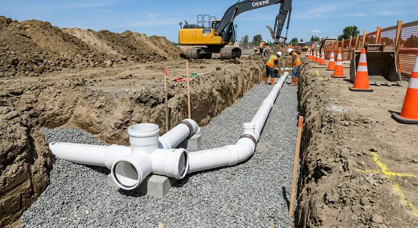 New PVC sewer pipe installation in open trench for Sewer Backup in Lake Forest Park