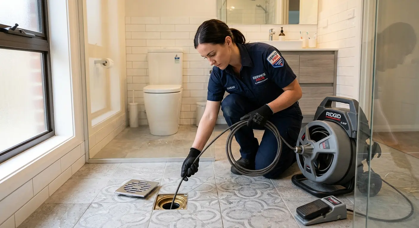 Technician clearing a bathroom floor drain for Drain Cleaning in Lake Forest Park
